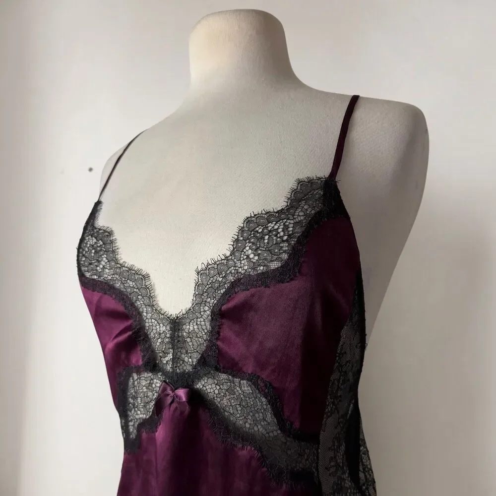 Victoria's Secret Burgundy Satin Lace Slip Dress Open Back Y2K Coquette Small